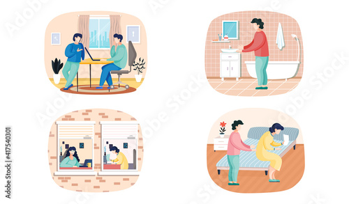 Scenes set of daily leisure and work activities performing by young people. Bundle of everyday routine situations. Woman works with laptop in office, talking to colleague communicates with man at home