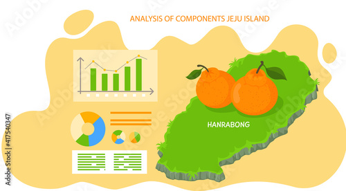 Analysis of components jeju island, poster to reveal statistics of tourists visiting showplace mandarine orange Hanrabong plantation, citrus fruit exotic plant of green asian island in south korea