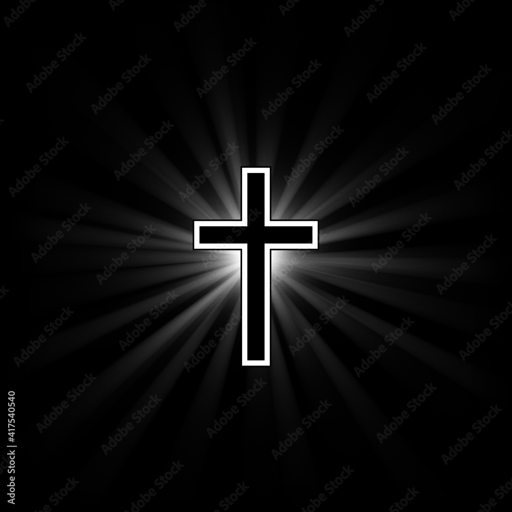 Catholic cross on a black background with divergent rays of light. Catholic cross on a black background with divergent rays of light.