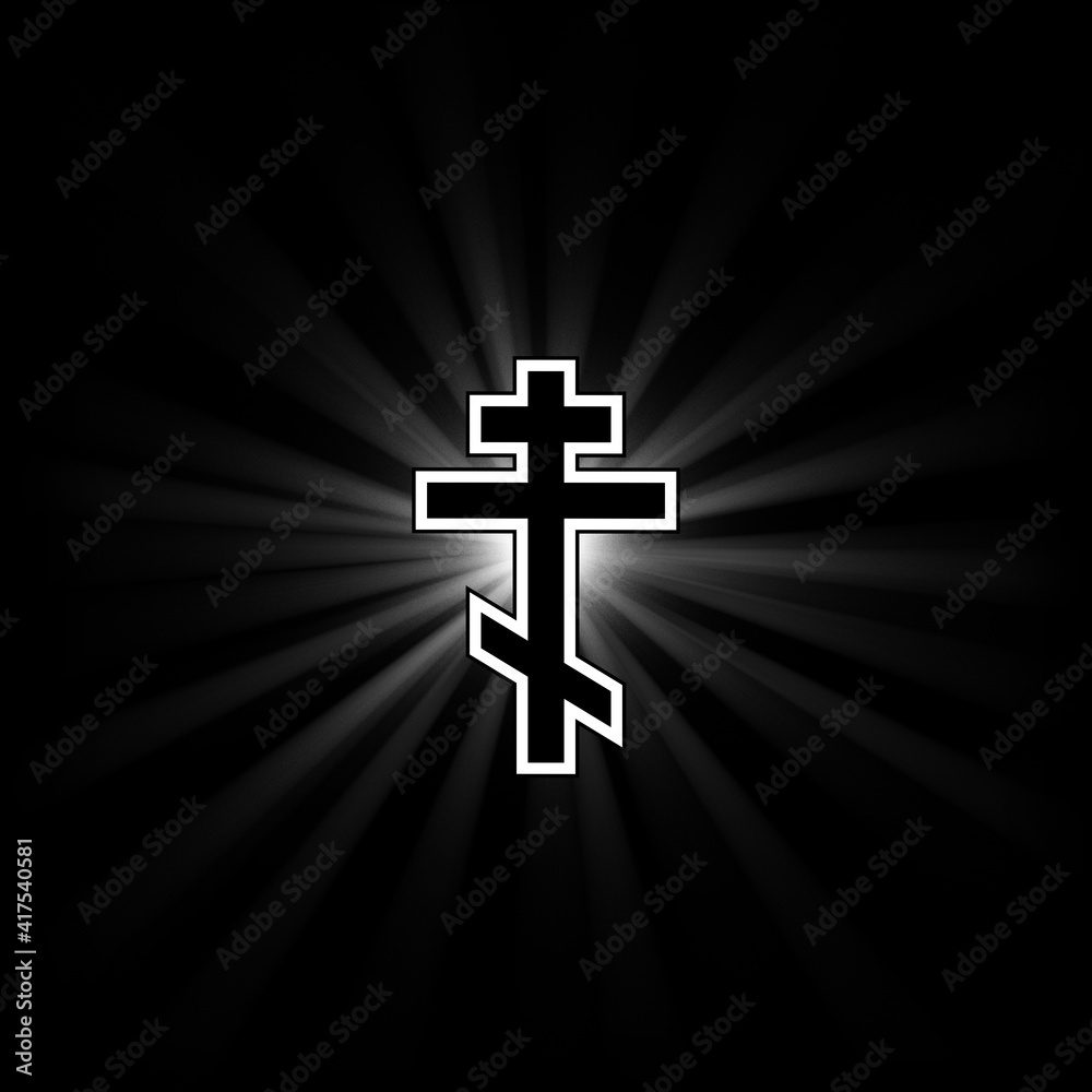 Orthodox cross on a black background with diverging rays of light.