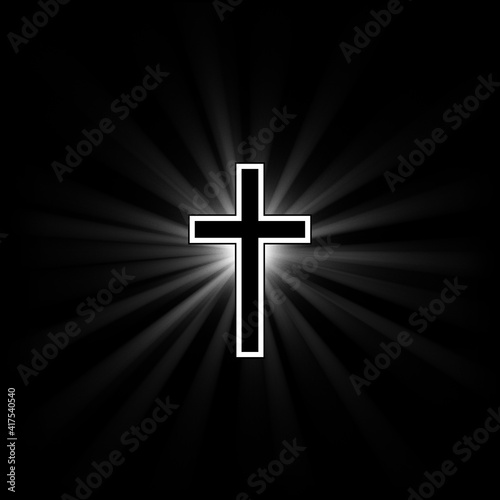 Catholic cross on a black background with divergent rays of light.