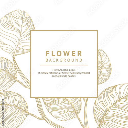 Floral background with copy space and leaves. Square frame of flowers. Vector design templates in modern style for flower shop, greeting cards, cosmetics packaging, wedding invitations, posters, cover