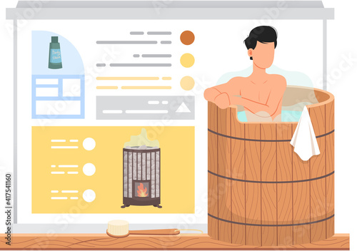 Guy is sitting in wooden font and having rest. Man in tub against background of poster with advertising device for heating water. Male character in hot steam. Person relaxing in boiling water