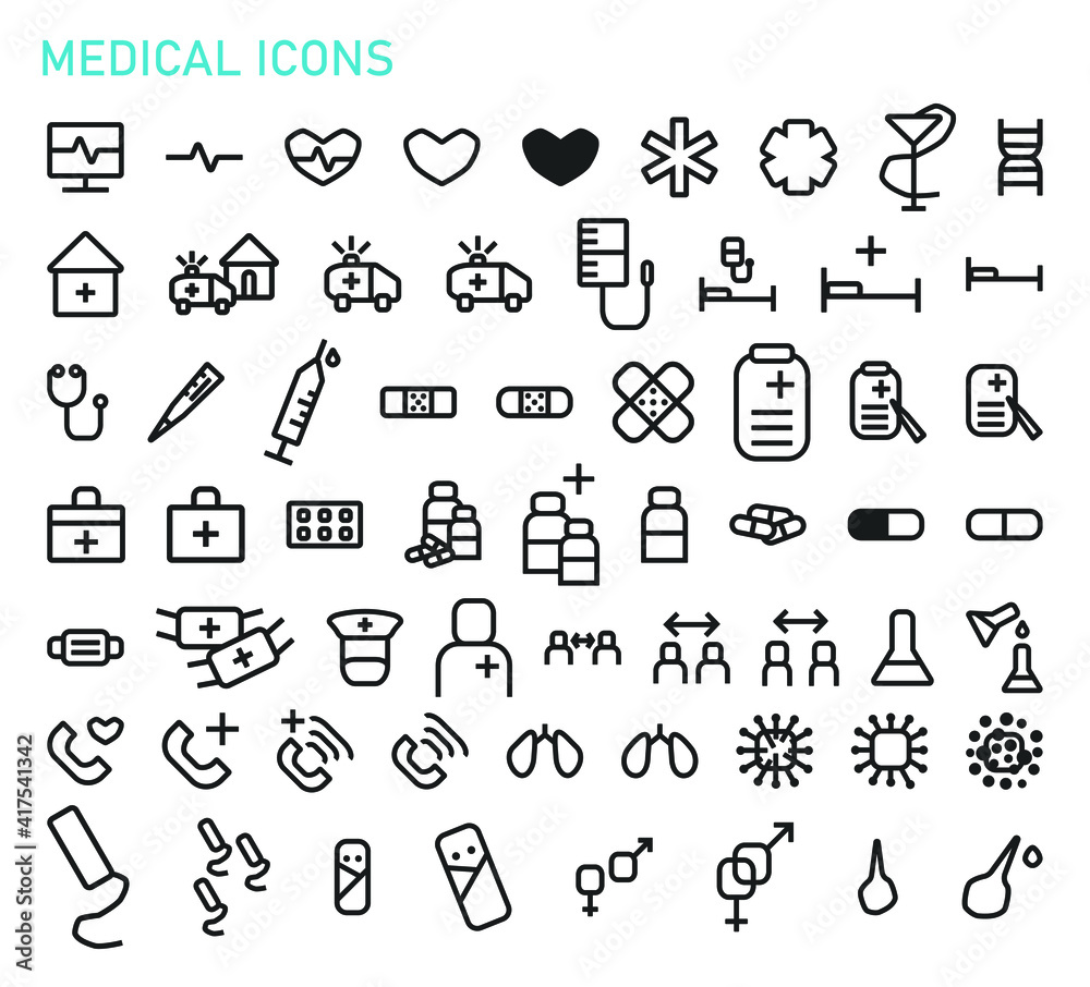 Medical icons set. Collection of emergency vector elements for trendy design. Simple pictograms for mobile concept and web apps. Vector line medicine icons isolated on a white background.