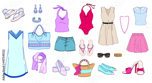 Vector summer set woman's clothing and accessories. Elements for design, packaging, dishes, paper, cards, books