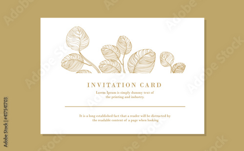 Floral invitation template, modern rsvp card design. Composition of golden leaves in line art style.  Vector illustration for  greeting card,  cosmetics packaging, wedding invitations, posters, covers