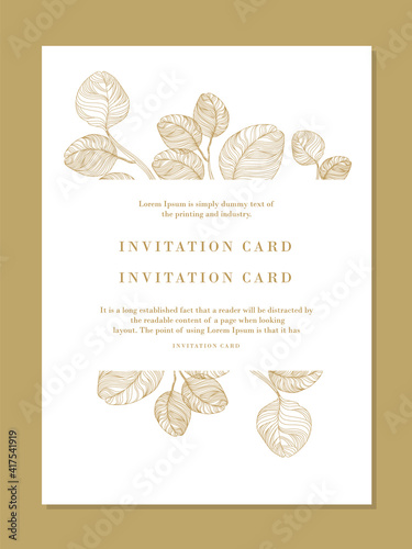 Floral invitation template, modern rsvp card design. Composition of golden leaves in line art style.  Vector illustration for  greeting card,  cosmetics packaging, wedding invitations, posters, covers