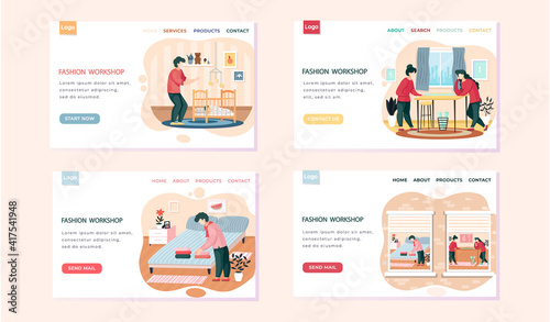 Fashion workshop landing page template set with designer making model. Workers of atelier sew dress, stylish clothes for new collection. Seamstresser neatly stacks clothes on bed in clothing store