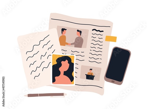 Top view of detective workplace with collected evidence and facts for crime investigation. Investigating process with photos, papers and newspaper. Colored flat vector illustration isolated on white