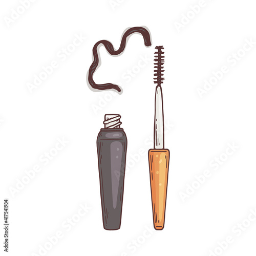 Open tube of mascara with brush, hand drawn sketch vector illustration isolated.