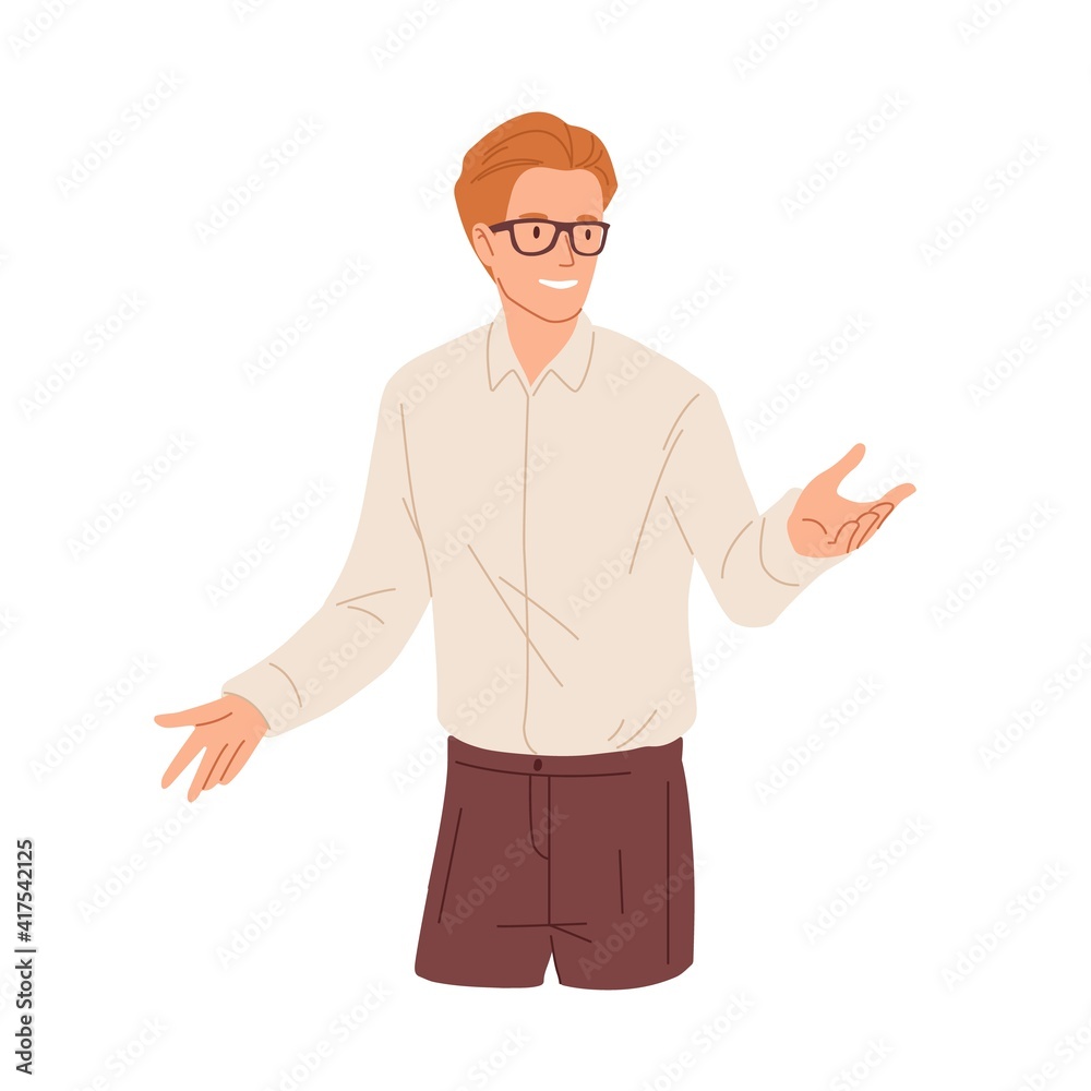 Happy young man presenting and explaining smth. Confident smiling businessman in eyeglasses gesturing with hands during presentation. Colored flat vector illustration isolated on white background Happy young man presenting and explaining smth. Confident smiling businessman in eyeglasses gesturing with hands during presentation. Colored flat vector illustration isolated on white background