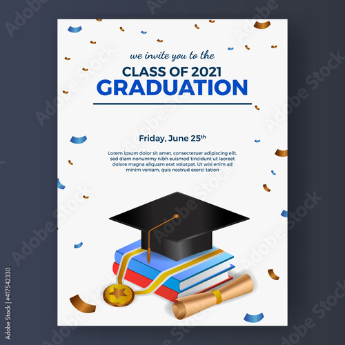Graduation party poster invitation with 3d isometric book and graduation cap hat and medal with flying confetti