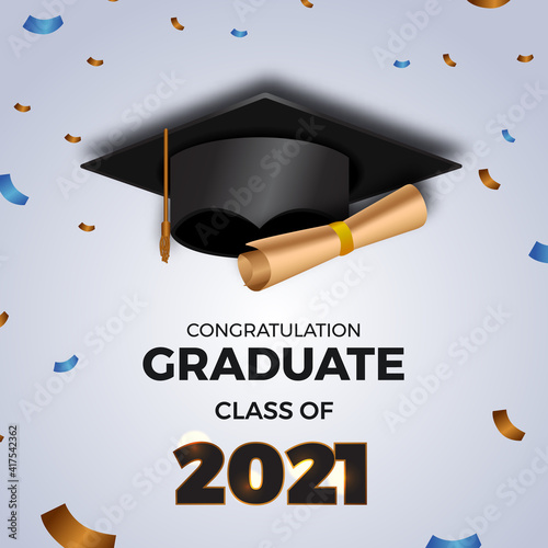 luxury graduation party class of 2021 invitation card with graduation hat cap and paper flying confetti