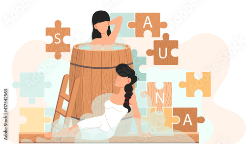 Girl stands in barrel and bathes. Women against background of puzzle with inscription sauna. Female characters in hot steam vector illustration. People relaxing and spending time together in sauna