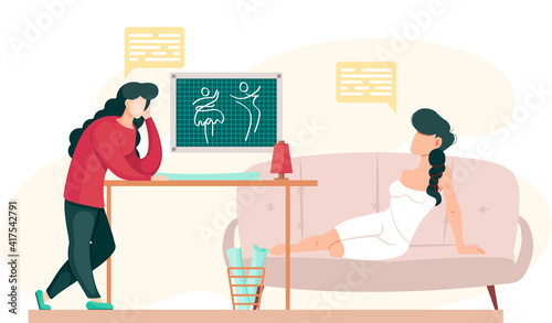 Woman planning model of future garment. Professional tailoring studio. Sewing clothes. Tailor drawing pattern. Girl lies on comfortable sofa and looks at board with pattern vector illustration