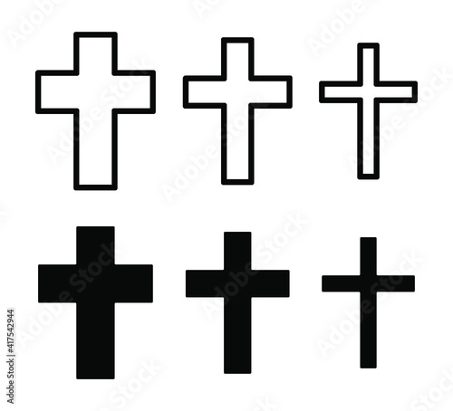 Cross vector shape symbol. Christianity sign. Christian religion icon. Catholic and protestant faith logo or image. Black silhouette isolated on white background.