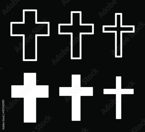 Cross vector shape symbol. Christianity sign. Christian religion icon. Catholic and protestant faith logo or image. Black silhouette isolated on white background.