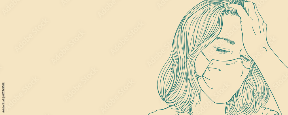 Sketch of tired young woman in medical face mask has headache, Long horizontal banner with space for text, Vector hand drawn illustration