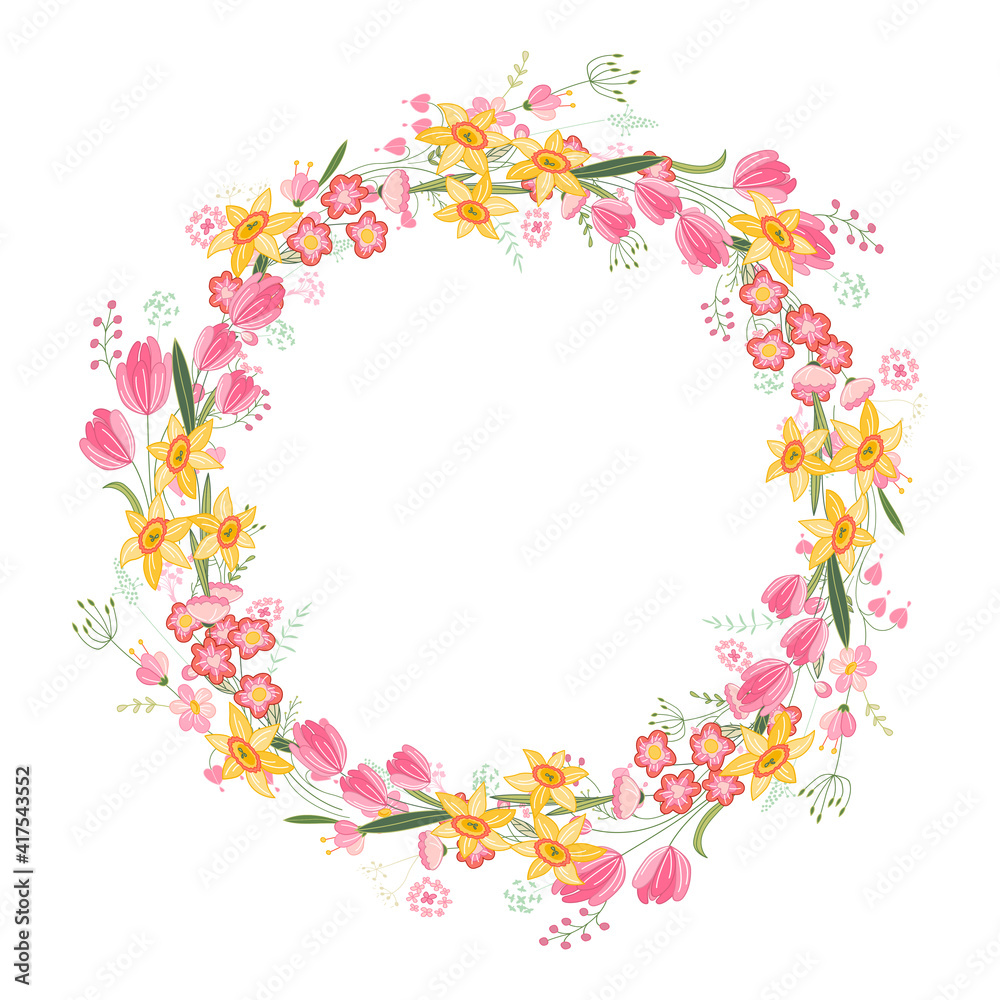 Floral wreath with daffodils and red tulips. Greeting template for festive cards, posters, Easter announcements.