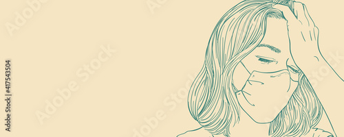 Sketch of tired young woman in medical face mask has headache, Long horizontal banner with space for text, Vector hand drawn illustration