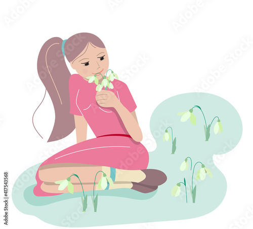 Young girl smelling spring flowers snowdrops in forest. Festive illustration, can be used for spring and Easter design templates