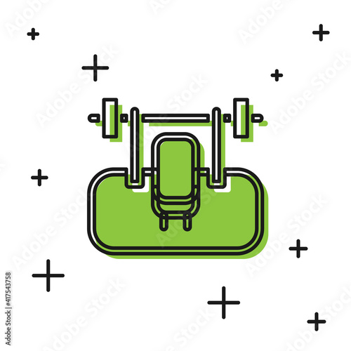 Black Bench with barbel icon isolated on white background. Gym equipment. Bodybuilding, powerlifting, fitness concept. Vector.