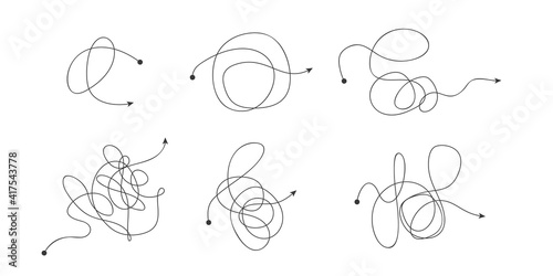 Tangled confused scribble line arrow set, Insane messy complicated clew way, Solving complex problem concept, Vector illustration