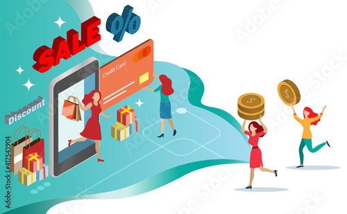 Women enjoy online shopping during sale and discount promotion with credit card on smart phone. Customer more convenient to arrange payment on internet banking. Financial technology concept.Isometric.