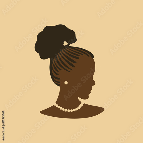 Young beauty african girl face in profile with pearl jewelry and braided hair in bun hairstyle, Vector fashion illustration, Pretty afro american female face