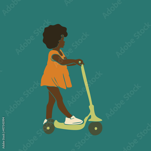 Abstract portrait of little curly afro girl on kick scooter, Vector illustration contemporary art flat design, African black skin child