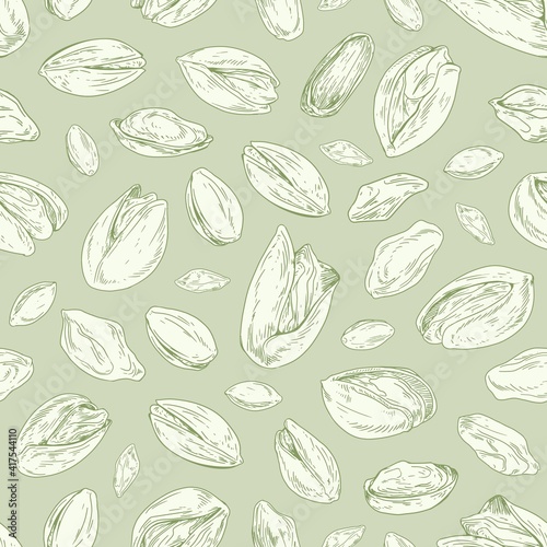 Seamless repeatable pistachio pattern with open nuts and whole pistaches with shells. Monochrome design of endless texture. Hand-drawn vector illustration for wallpaper or wrapping