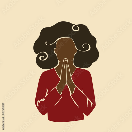 Abstract african woman praying with hands folded in worship. Afro black skin girl curly hair. Vector illustration silhouette drawing without face