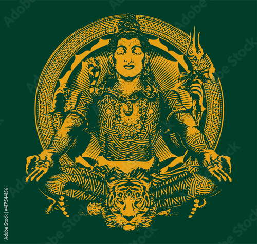 Canvas Print Drawing or Sketch of Indian lord Shiva and his symbols outline in  illustration