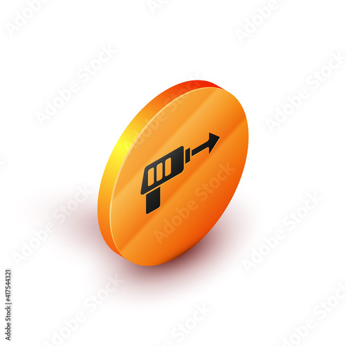 Isometric Fishing harpoon icon isolated on white background. Fishery manufacturers for catching fish under water. Diving underwater equipment. Orange circle button. Vector.
