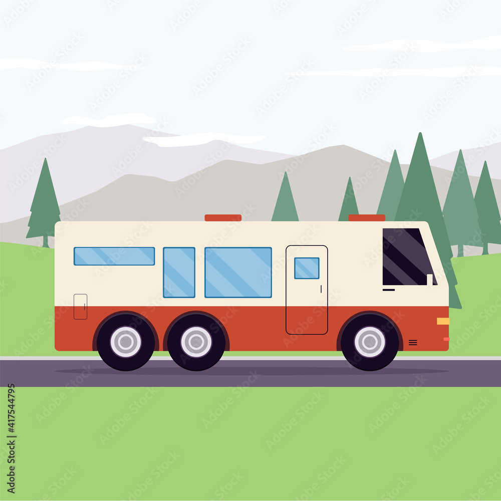 Landscape with camping trailer or recreation vehicle flat vector illustration. Landscape with camping trailer or recreation vehicle flat vector illustration.