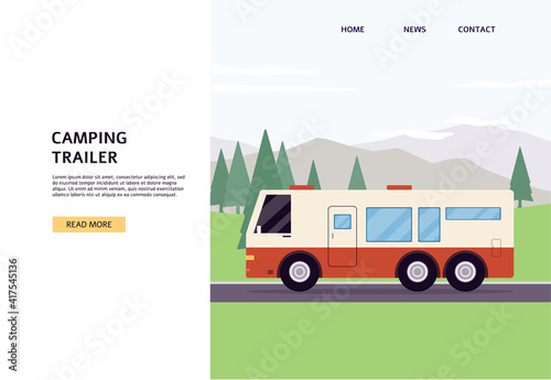 Web banner with camping trailer standing on campsite flat vector illustration.
