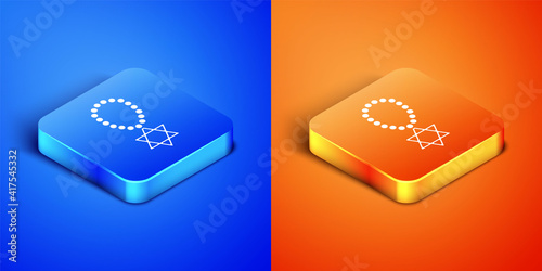 Isometric Star of David necklace on chain icon isolated on blue and orange background. Jewish religion symbol. Symbol of Israel. Jewellery and accessory. Square button. Vector.
