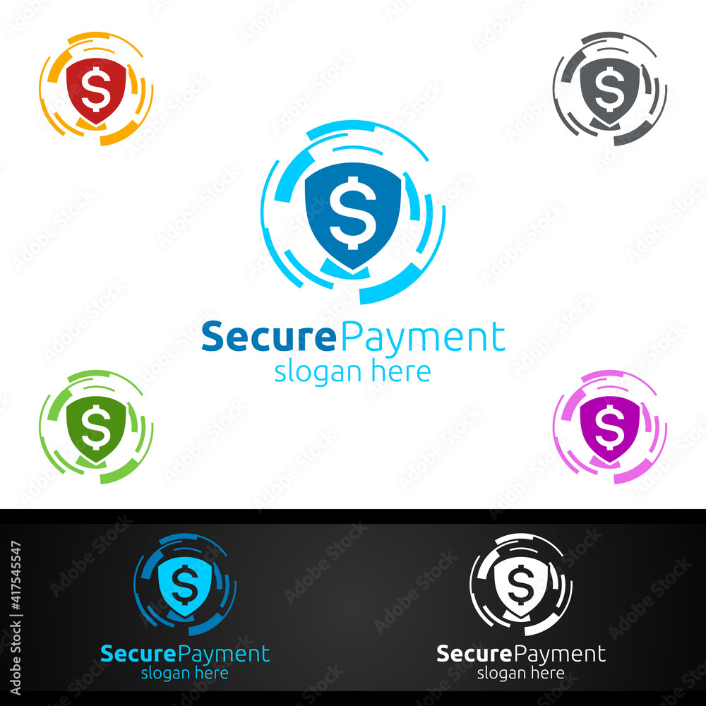 Shield Online Secure Payment Logo for Security Online Shopping. Financial Transaction. Sending Money. Mobile Banking Service Logotype
