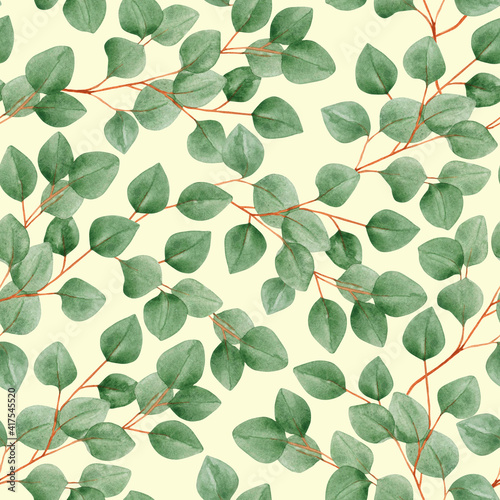 Watercolor seamless pattern with eucalyptus branches on a light background. Foliage  greenery  eucalyptus leaves. For textiles  wallpaper  invitations  greetings.