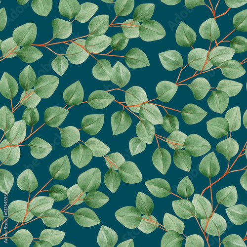 Watercolor seamless pattern with green eucalyptus branches on a navy blue background. Foliage, greenery, eucalyptus leaves. For textiles, wallpaper, invitations, greetings.