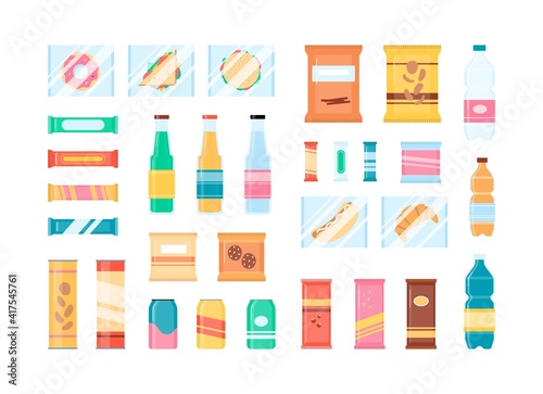 Snack food and soda drink set - isolated flat beverages and snacks