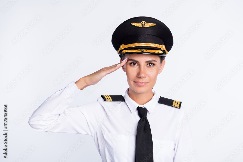 Photo of confident soldier lady give salute wear headwear aviator uniform isolated white color background Photo of confident soldier lady give salute wear headwear aviator uniform isolated white color background