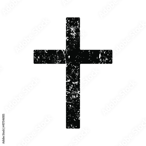 Cross vector shape symbol. Christianity sign with grunge texture. Christian religion icon. Catholic and protestant faith logo or image. Silhouette isolated on background.