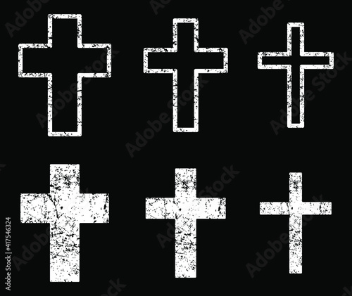 Cross vector shape symbol. Christianity sign with grunge texture. Christian religion icon. Catholic and protestant faith logo or image. Silhouette isolated on background.