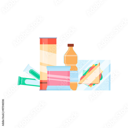 Vending machine or supermarket product items, flat vector illustration isolated.