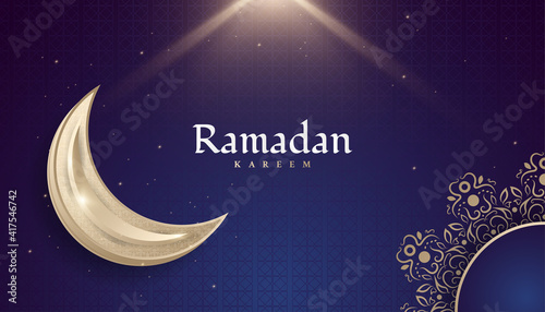 Ramadan Kareem Greeting Card or Banner with Golden Moon, Mandala, and Glowing Light on Blue Background