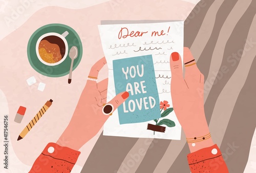 Female hands holding postcard and handwritten letter. Concept of self-love and care. Sending post card and writing message to yourself in future with inspirational text. Flat vector illustration