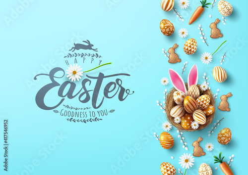 Easter poster and banner template with Easter eggs in the nest with bunny ear on light blue background.Greetings and presents for Easter Day.Promotion and shopping template for Easter