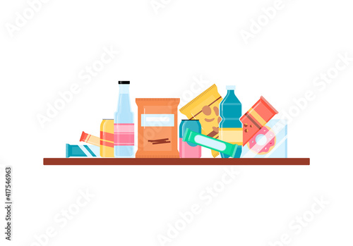 Flat cartoon snack pack isolated on white background. Chips, junk food
