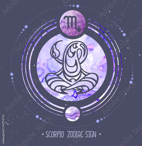 Modern magic witchcraft card with astrology Scorpio zodiac sign. Alcohol ink background. Zodiac characteristic